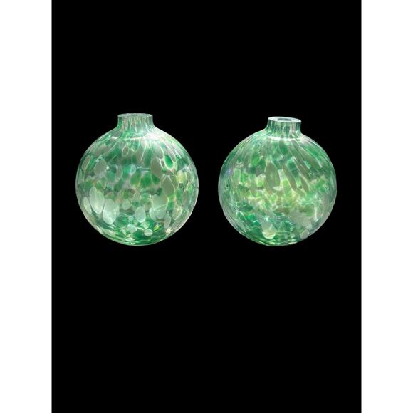 Pottery Barn Pair of Art Glass Globes Green Iridescent  Swirl Oil Lamp No Wick - Picture 1 of 8